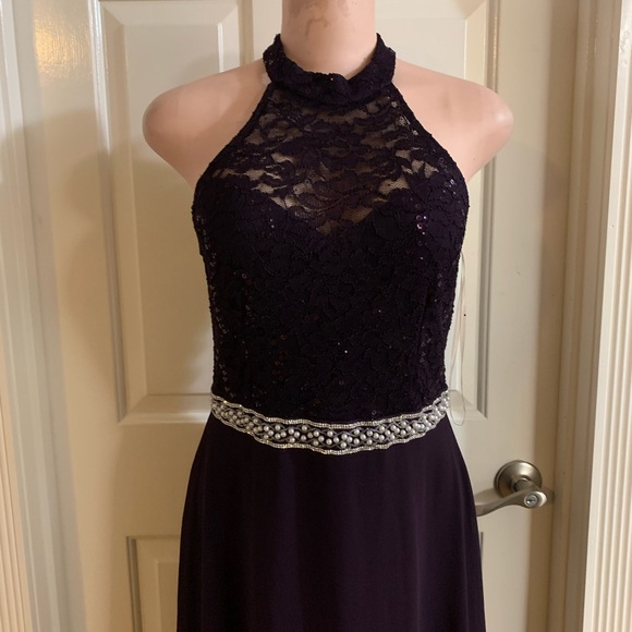 Women junior purple lace top halter maxi dress size (S) sleeveless zipper back - Picture 4 of 11